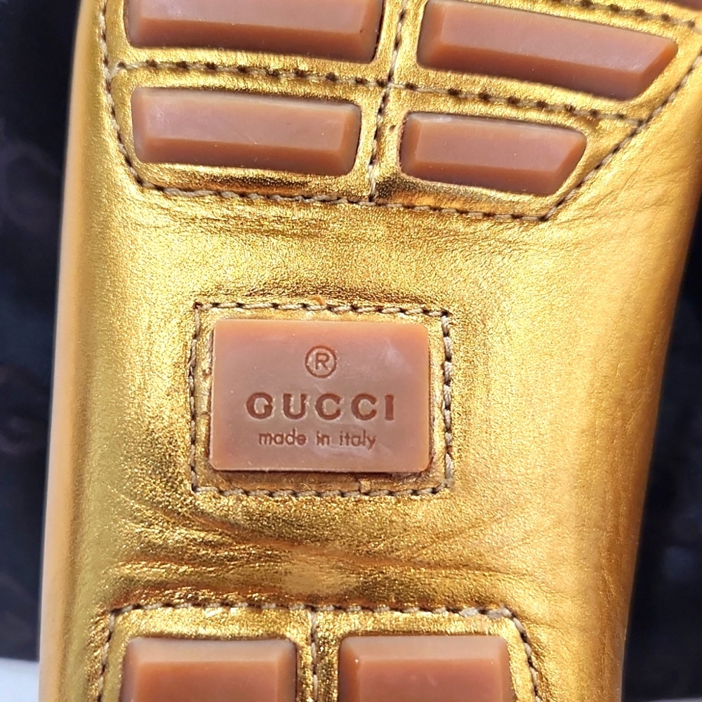 NEW!! Gucci Bamboo Horsebit Gold Leather Driving Shoes Loafers 155162 Size 5B - Picture 15 of 16